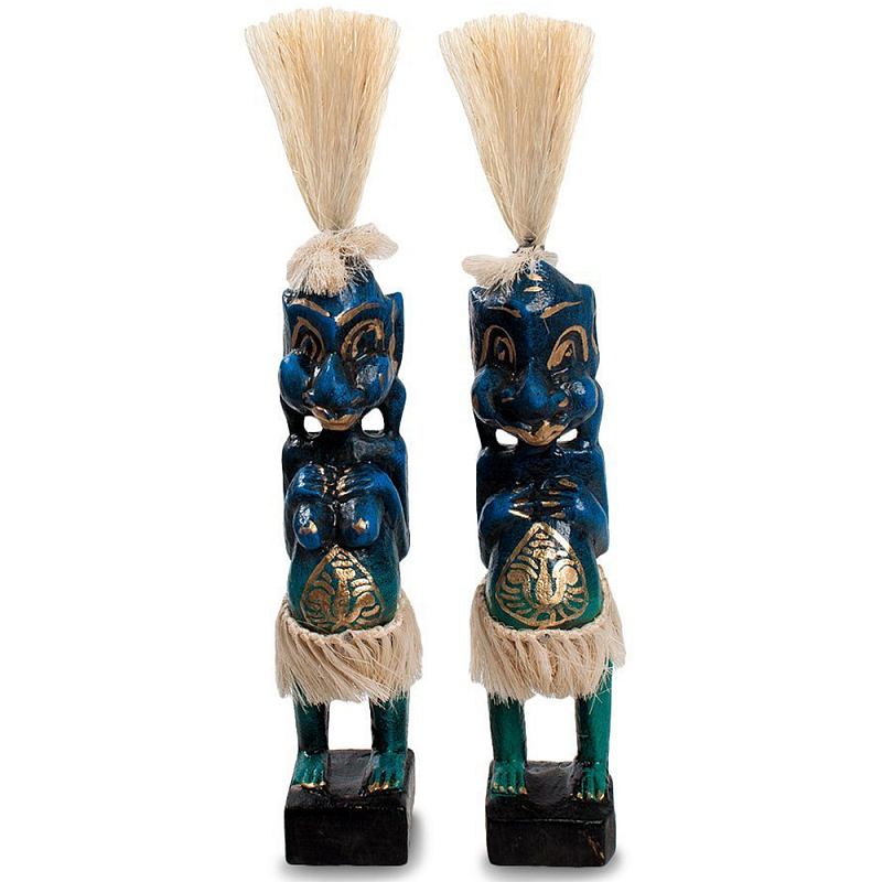 Комплект из 2-х деревянных статуэток Asmat Straw Headdress Statuettes Blue Tattoo Синий Бирюзовый Бежевый Золотой Мульти Комплект из 2-х деревянных статуэток Asmat Straw Headdress Statuettes Blue Tattoo Синий Бирюзовый Бежевый Золотой Мульти в Воронеже | Loft Concept