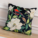 Декоративная подушка чёрная с изображением птицы в саду Blooming Red Birds варинант исполнения - 2 | Loft Concept в Воронеже