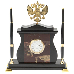 Часы настольные с Гербом России и 2-мя шариковыми ручками в комплекте Stone Clock варинант исполнения - 4 | Loft Concept в Воронеже