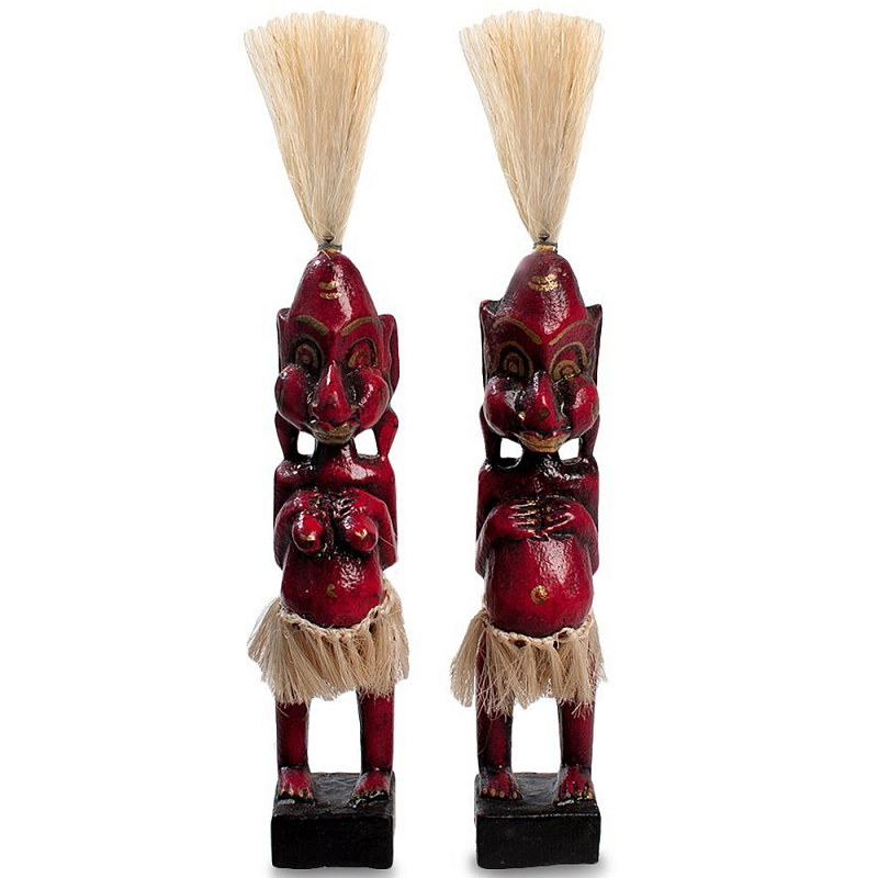 Комплект из 2-х деревянных статуэток Asmat Straw Headdress Statuettes Red Красный Черный Бежевый Комплект из 2-х деревянных статуэток Asmat Straw Headdress Statuettes Red Красный Черный Бежевый в Воронеже | Loft Concept