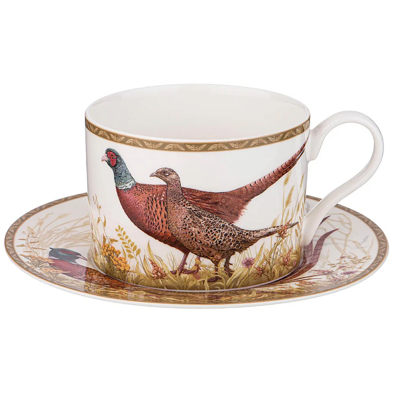 Чайная пара из фарфора с изображением животных Hunting Porcelain Collection Белый Коричневый Мульти в Воронеже | Loft Concept 