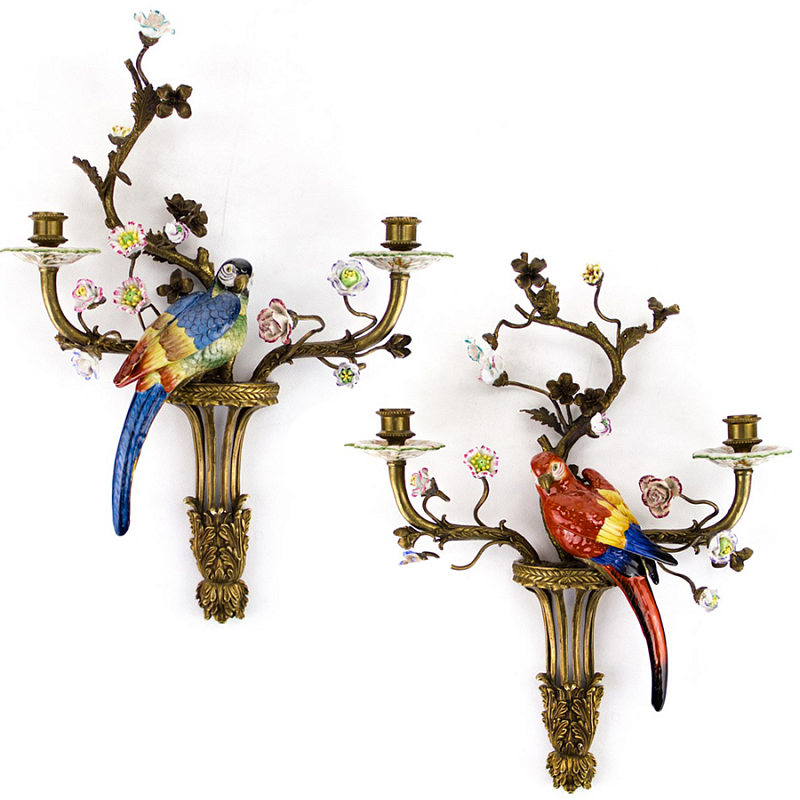 Подсвечник Candlestick Colored Parrots II Бронза Синий Красный в Воронеже | Loft Concept 