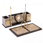 Настольный письменный набор из бежевого мрамора с часами и гербом Marble Accessory варинант исполнения - 2 | Loft Concept в Воронеже