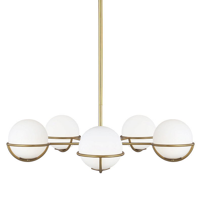 Люстра с 5-ю белыми шарообразными плафонами в сферические каркасах Feiss Латунь Белый в Воронеже | Loft Concept 