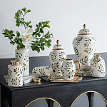 Ваза белая с крышкой с рисунком зеленых и золотых листьев 48 см Chinoiserie Ceramics варинант исполнения - 5 | Loft Concept в Воронеже