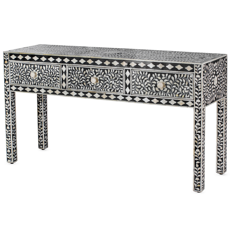 Консоль черный орнамент отделка кость BONE INLAY CONSOL TABLE 3 DRAWER ivory ( слоновая кость ) Черный Консоль черный орнамент отделка кость BONE INLAY CONSOL TABLE 3 DRAWER ivory ( слоновая кость ) Черный в Воронеже | Loft Concept