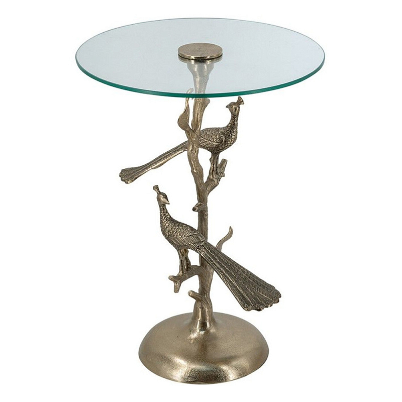 Столик с круглой стеклянной столешницей и корпусом в виде двух павлинов на ветке Table Two Peacocks Золотой Прозрачный в Воронеже | Loft Concept 