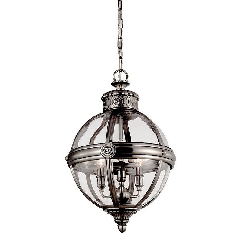 Подвесной светильник с прозрачным стеклянным плафоном в форме шара цвета никеля в индустриальном стиле на цепи 3 лампы Feiss Никель Прозрачное Стекло в Воронеже | Loft Concept 