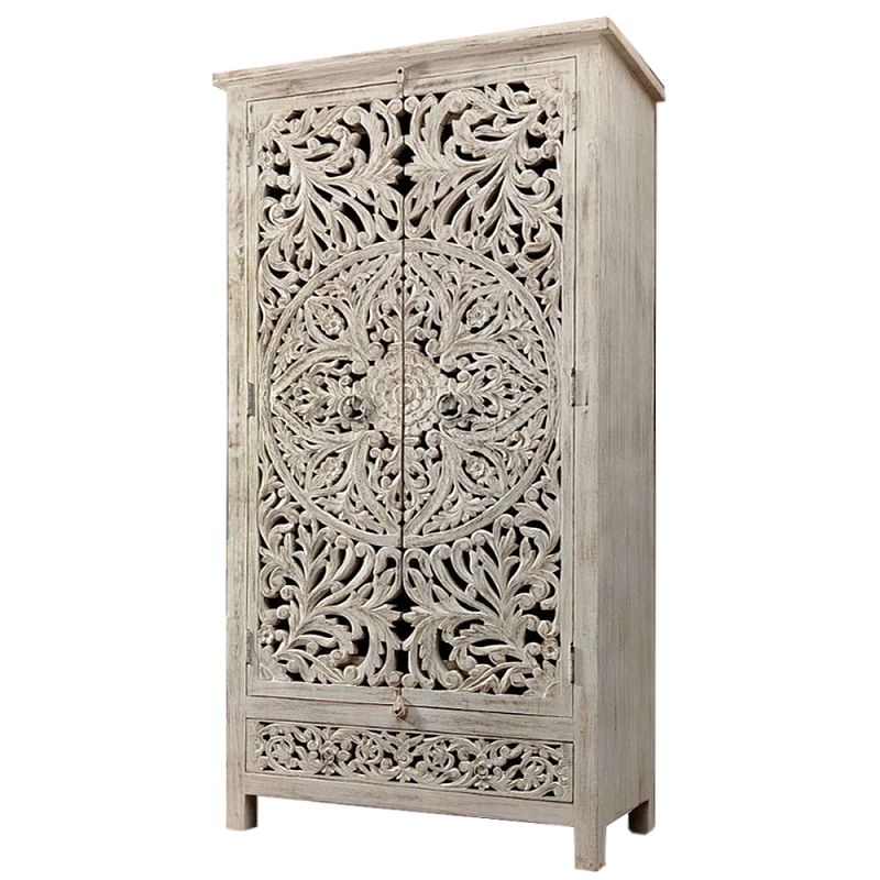 Шкаф с орнаментом ручная резьба из дерева Indian Antique Furniture Серый Шкаф с орнаментом ручная резьба из дерева Indian Antique Furniture Серый в Воронеже | Loft Concept