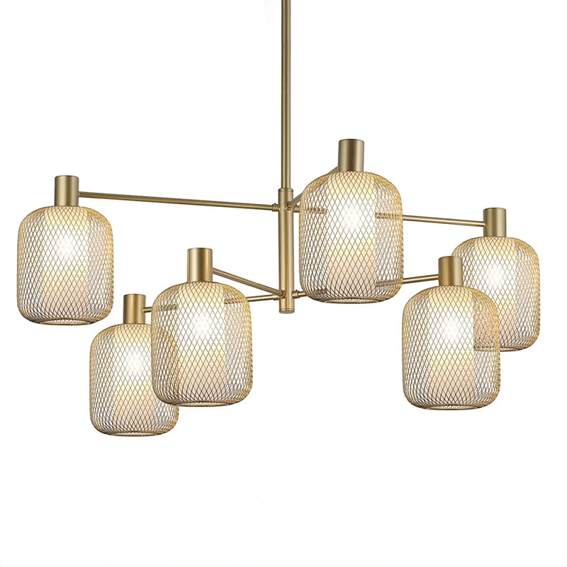 Люстра потолочная с абажурами из металлической сетки Loft Grid Pendant Gold Черный Золотой в Воронеже | Loft Concept 