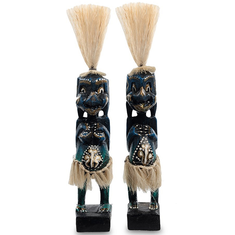 Комплект из 2-х деревянных статуэток Asmat Straw Headdress Statuettes Dark Blue Темно-синий Бирюзовый Черный Бежевый в Воронеже | Loft Concept 