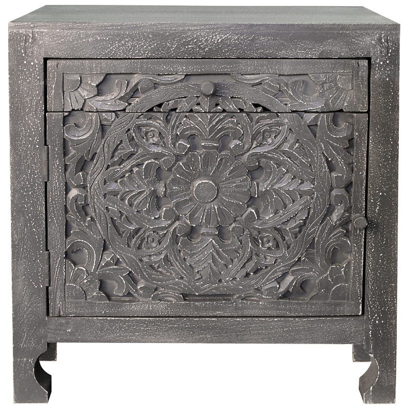 Деревянная тумба с резными ящиком и дверцей Azure Grey Wooden Nightstand Серый в Воронеже | Loft Concept 