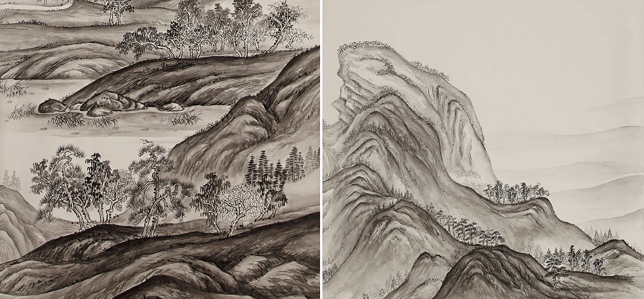 Обои ручная роспись A Thousand Li of Rivers and Mountains Special Colourway on Bleached White dyed silk Обои ручная роспись A Thousand Li of Rivers and Mountains Special Colourway on Bleached White dyed silk - Loft-Concept в Воронеже