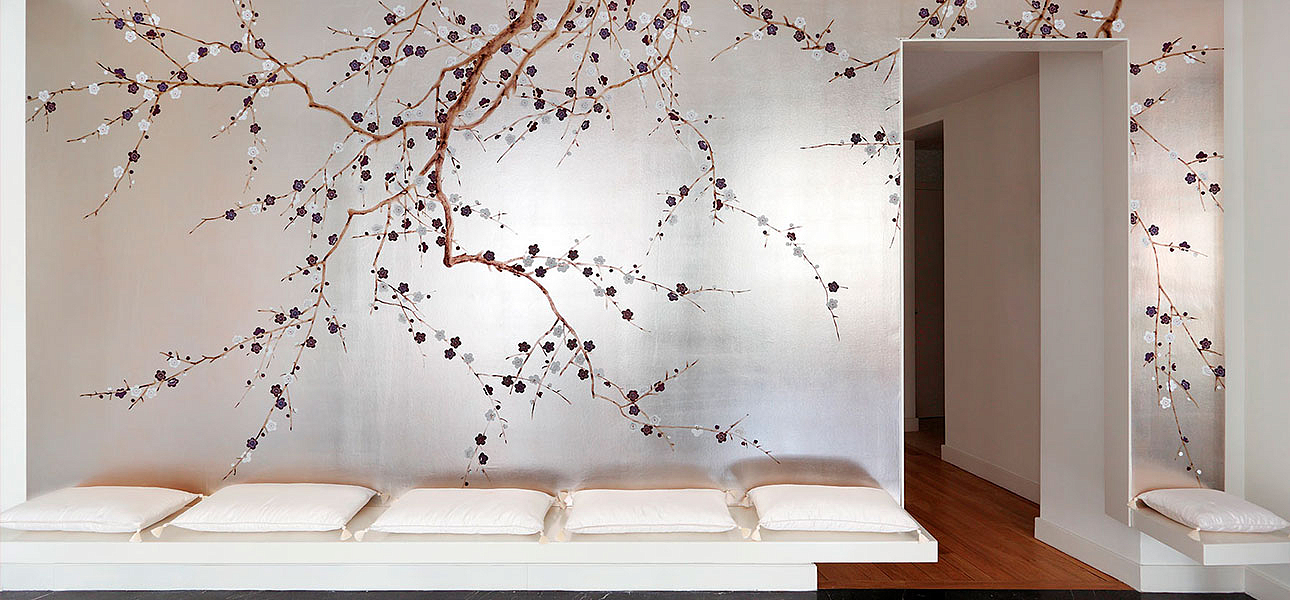Обои ручная роспись Plum Blossom Lavender on Tarnished Silver gilded paper Обои ручная роспись Plum Blossom Lavender on Tarnished Silver gilded paper - Loft-Concept в Воронеже