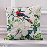 Декоративная подушка бежевая с изображением птица в саду Blooming Red Birds варинант исполнения - 2 | Loft Concept в Воронеже