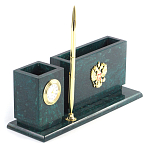 Настольный письменный набор с гербом России и часами из природного камня змеевик Successful Leader варинант исполнения - 2 | Loft Concept в Воронеже