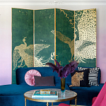 Обои ручная роспись в стиле Арт-деко Whistler Peacocks Original colourway on green painted silk варинант исполнения - 1 | Loft Concept в Воронеже