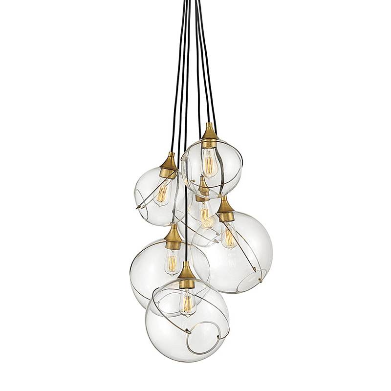 Подвесной светильник с шестью прозрачными стеклянными шарообразными плафонами Hinkley Латунь Прозрачное Стекло в Воронеже | Loft Concept 