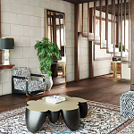 Дизайнерский журнальный стол округлой формы чёрный с золотой столешницей Fufem варинант исполнения - 3 | Loft Concept в Воронеже