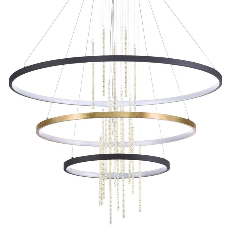 Люстра подвесная с 3-мя круглыми подвесами в черном и золотистом цвете и вертикальными подвесками Ring Horizontal Черный Золотой в Воронеже | Loft Concept 