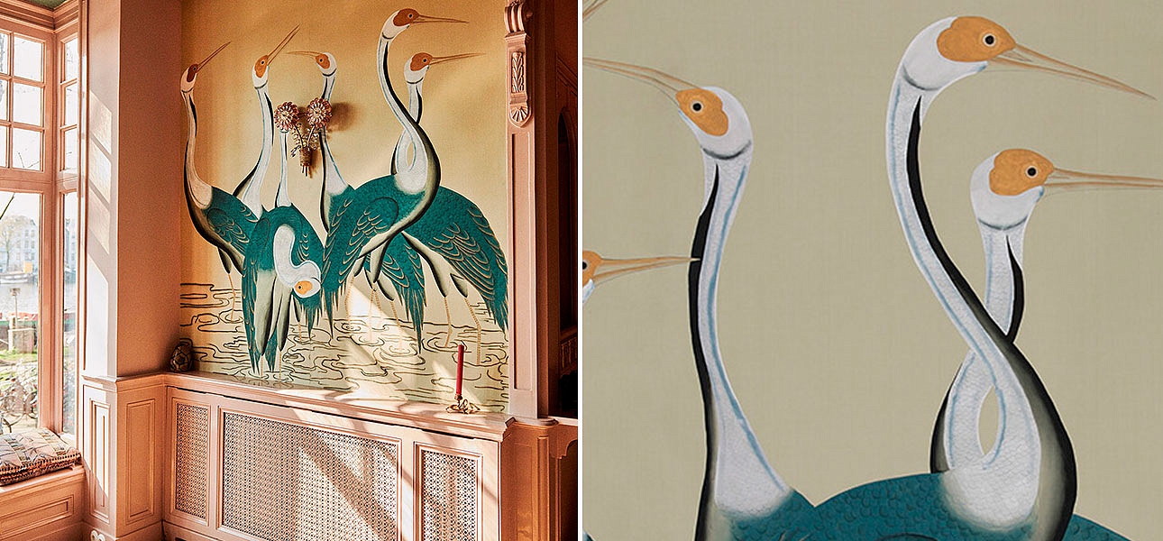 Обои ручная роспись Sarus Cranes Colourway SC-208 on Icefield dyed silk Обои ручная роспись Sarus Cranes Colourway SC-208 on Icefield dyed silk - Loft-Concept в Воронеже