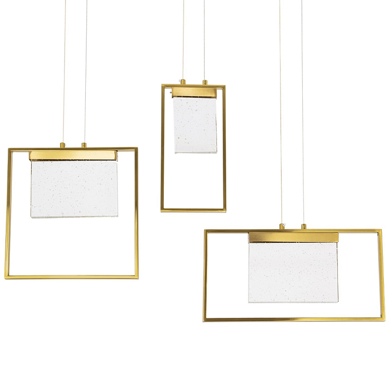 Подвесной геометрический светильник со стеклом Rectangle Geometry Trio Glass Chandelier Прозрачное Стекло Латунь в Воронеже | Loft Concept 