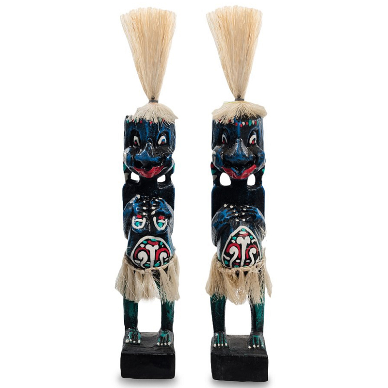 Комплект из 2-х деревянных статуэток Asmat Straw Headdress Statuettes Blue Red Черный Синий Красный Бежевый Мульти в Воронеже | Loft Concept 