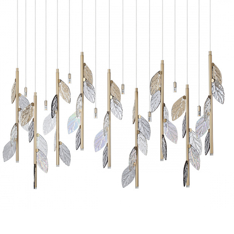 Люстра с золотистыми трубками и прозрачными стеклянными листьями на подвесах Sylva  матовое золото Дымчатый (Smoke) Прозрачное Стекло в Воронеже | Loft Concept 