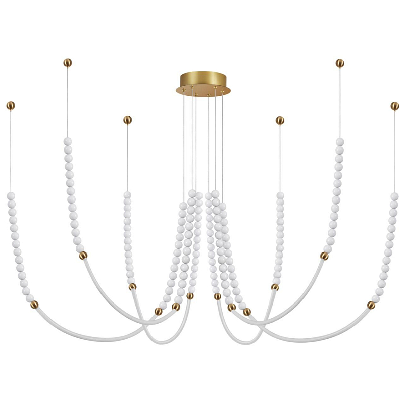 Люстра подвесная с 6-ю изогнутыми плафонами и белыми декоративными шариками PEARLS Suspension Бронза Белый в Воронеже | Loft Concept 