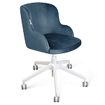 Стул с мягкой синей обивкой из велюра и подъемно-поворотным механизмом на белых колесиках Harper Blue and White варинант исполнения - 1 | Loft Concept в Воронеже
