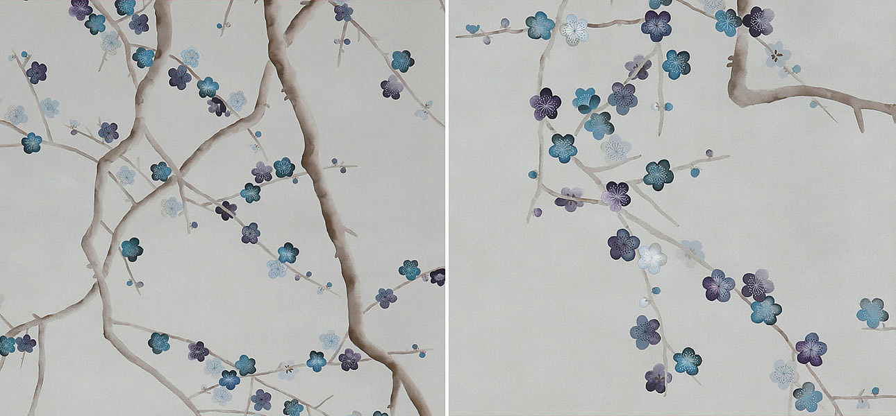 Обои ручная роспись Plum Blossom Colourway SC-81 on Oyster Shell metallic silk Обои ручная роспись Plum Blossom Colourway SC-81 on Oyster Shell metallic silk - Loft-Concept в Воронеже