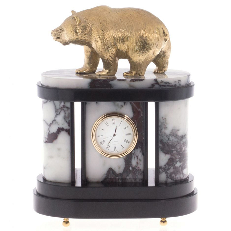 Часы настольные бронзовые с декором в виде медведя Bear Stone Clock Черный Бронза Коричневый Белый Часы настольные бронзовые с декором в виде медведя Bear Stone Clock Черный Бронза Коричневый Белый в Воронеже | Loft Concept