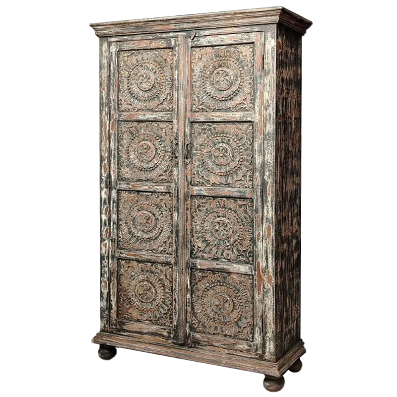Индийский шкаф с орнаментом резьба из дерева Indian Antique Furniture  Серый в Воронеже | Loft Concept 
