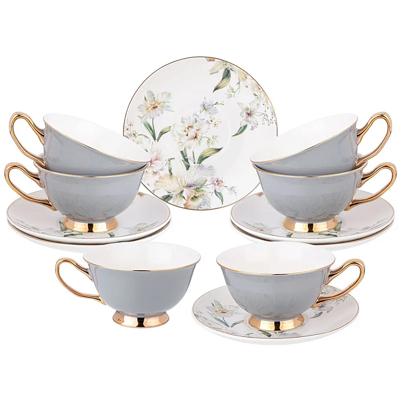 Чайный набор из фарфора на 6 персон Grey Tea Porcelain Set Белый Золотой Серый в Воронеже | Loft Concept 