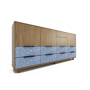 Комод длинный натуральный дуб с синим орнаментом Brian
