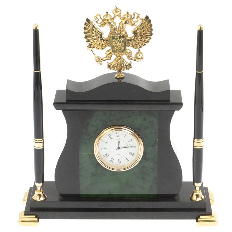 Часы настольные с Гербом России и 2-мя шариковыми ручками в комплекте Stone Clock Черный Зеленый Коричневый Бронза Часы настольные с Гербом России и 2-мя шариковыми ручками в комплекте Stone Clock Черный Зеленый Коричневый Бронза в Воронеже | Loft Concept
