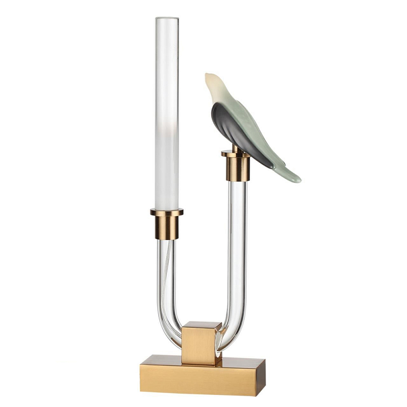 Настольная лампа с прозрачной трубкой и декоративной фигуркой птицы на бронзовой подставке Ganthea Бронза Белый в Воронеже | Loft Concept 