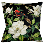 Декоративная подушка чёрная с изображением птицы в саду Blooming Red Birds варинант исполнения - 1 | Loft Concept в Воронеже