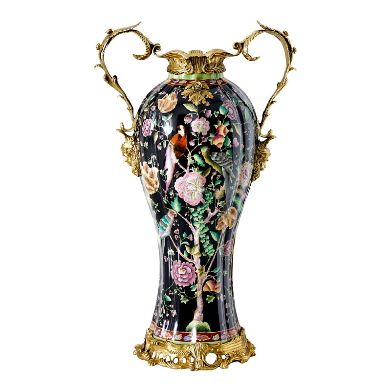 Ваза из фарфора черная с цветочной росписью и бронзовыми элементами Spring Garden Бронза Мульти Черный в Воронеже | Loft Concept 