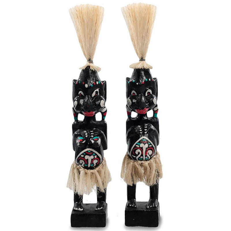 Комплект из 2-х деревянных статуэток Asmat Straw Headdress Statuettes Black Turquoise Черный Бежевый Белый Бирюзовый Мульти в Воронеже | Loft Concept 