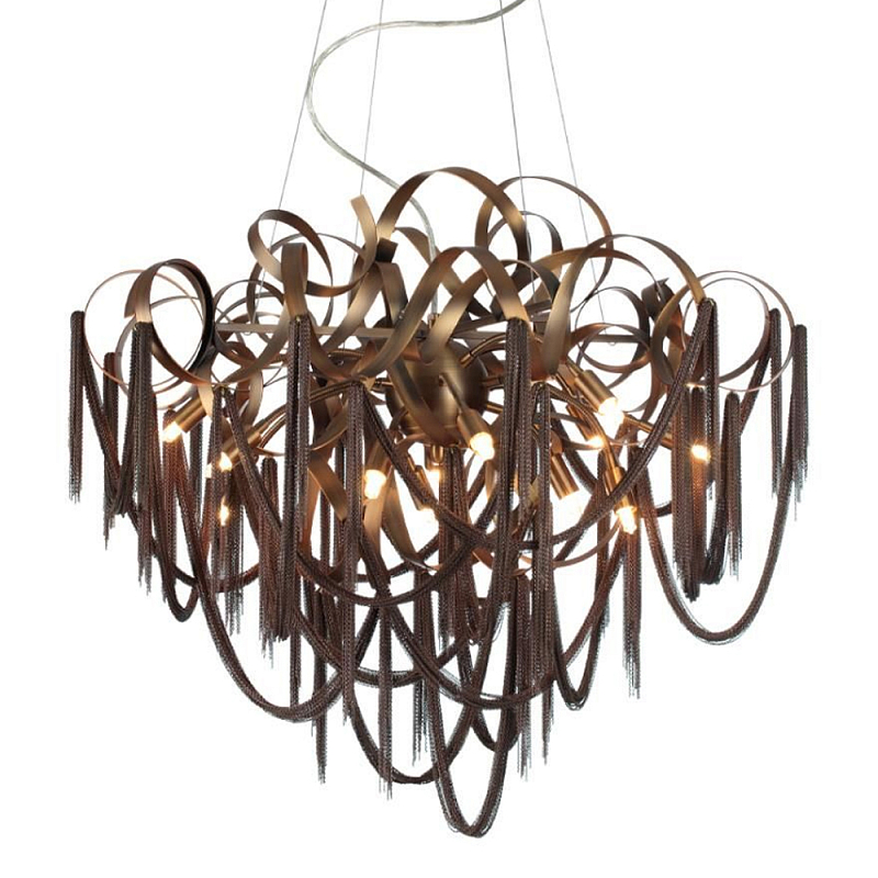 Люстра подвесная с объемной композицией из скрученных лент и металлических цепочек Atlantis Chain Черный Коричневый в Воронеже | Loft Concept 