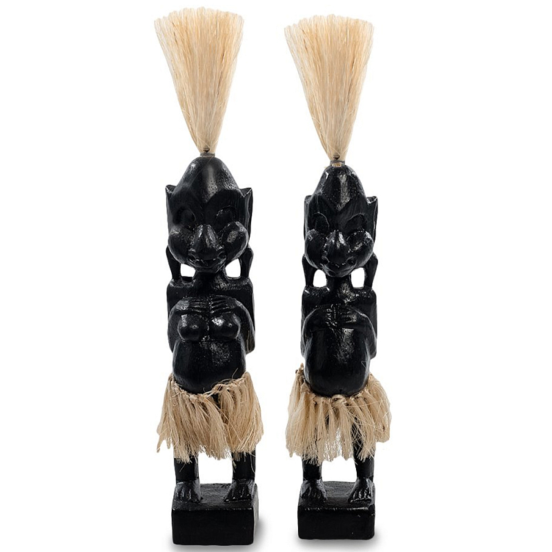 Комплект из 2-х деревянных статуэток Asmat Straw Headdress Statuettes Black Черный Бежевый Комплект из 2-х деревянных статуэток Asmat Straw Headdress Statuettes Black Черный Бежевый в Воронеже | Loft Concept