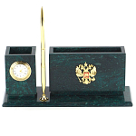 Настольный письменный набор с гербом России и часами из природного камня змеевик Successful Leader варинант исполнения - 1 | Loft Concept в Воронеже