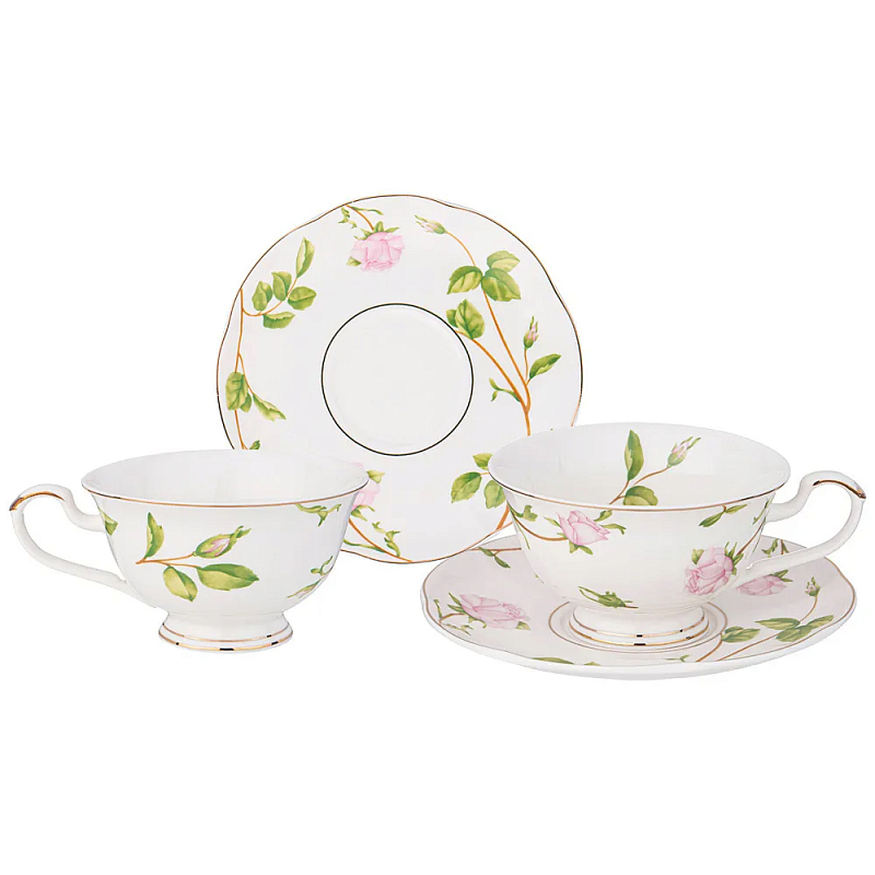 Чайный набор из фарфора белый с цветочным принтом на 2 персоны 4 предмета Flower Porcelain Collection Белый Мульти в Воронеже | Loft Concept 
