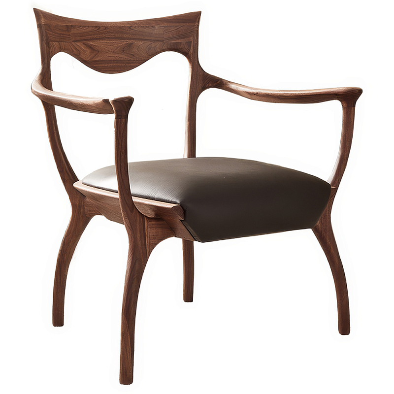 Стул деревянный с мягким сиденьем из коричневой натуральной кожи Moon Walnut Furniture Орех Коричневый Стул деревянный с мягким сиденьем из коричневой натуральной кожи Moon Walnut Furniture Орех Коричневый в Воронеже | Loft Concept