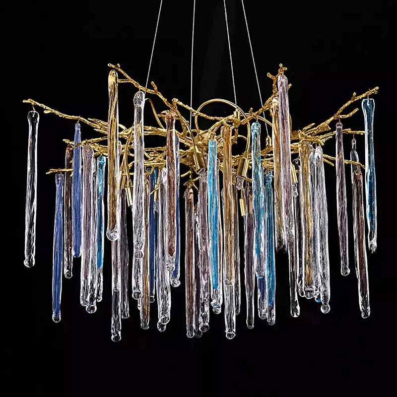 Люстра на подвесе с каркасом из металла и цветными подвесками из стекла Droplet Chandelier Золотой Прозрачный Голубой Янтарный Люстра на подвесе с каркасом из металла и цветными подвесками из стекла Droplet Chandelier Золотой Прозрачный Голубой Янтарный в Воронеже | Loft Concept