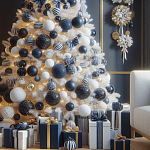 Украшенная Белая Новогодняя Елка с сине-белыми шарами и и муляжами подарков в комплекте варинант исполнения - 2 | Loft Concept в Воронеже