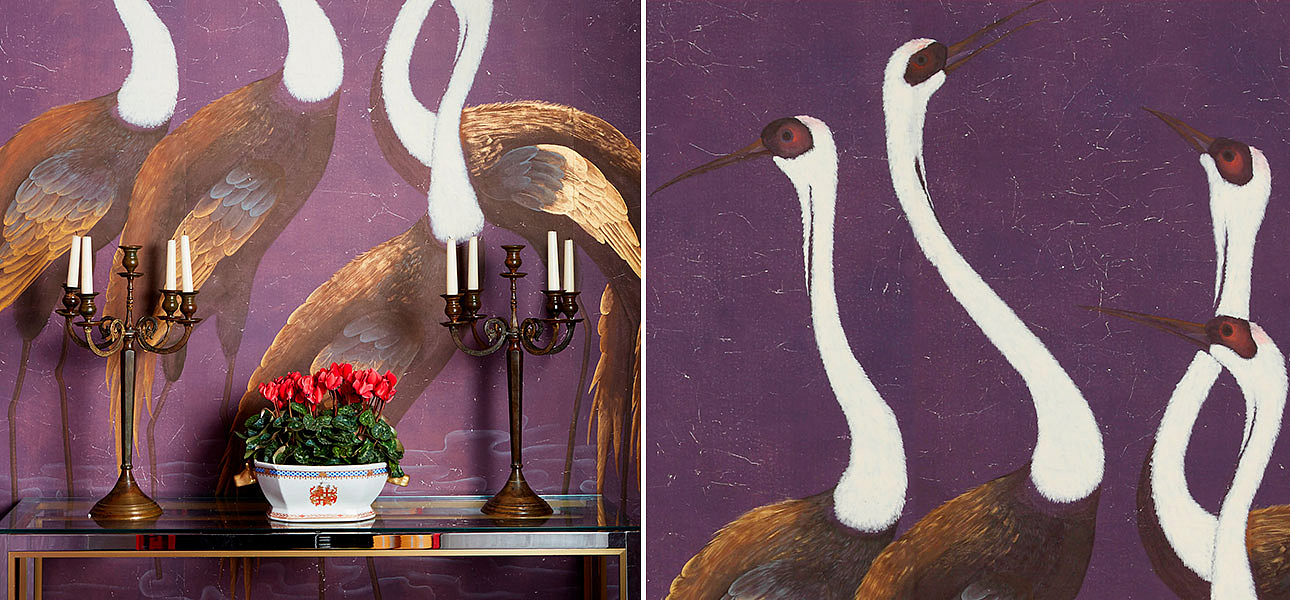 Обои ручная роспись Sarus Cranes Original colourway on Edo purple painted Xuan paper Обои ручная роспись Sarus Cranes Original colourway on Edo purple painted Xuan paper - Loft-Concept в Воронеже