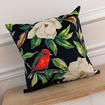 Декоративная подушка чёрная с изображением птиц и цветов Blooming Reds Birds варинант исполнения - 2 | Loft Concept в Воронеже