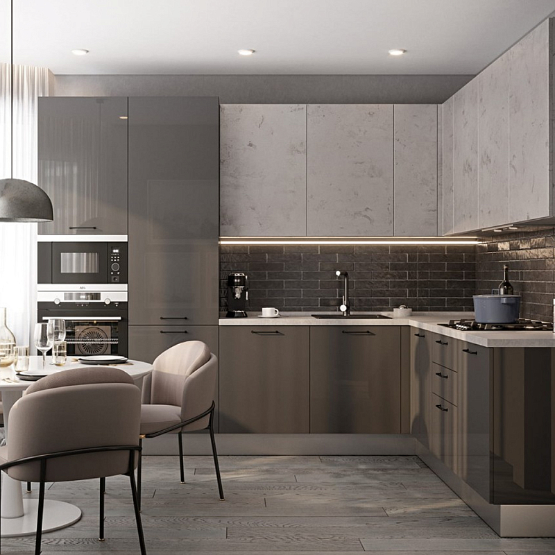 Кухонный гарнитур с серым глянцевым фасадом Onfroi Moss Grey Kitchen Set Серый Кухонный гарнитур с серым глянцевым фасадом Onfroi Moss Grey Kitchen Set Серый в Воронеже | Loft Concept
